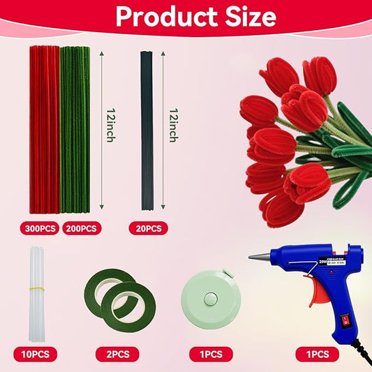 500 Pcs Pipe Cleaners for Crafts – 2 Colors Chenille Stems with Glue Guns & Tape Measure – Perfect for DIY Projects, Holiday & Room Decorations, Arts and Crafts Activities (Red, 12in x 8mm)