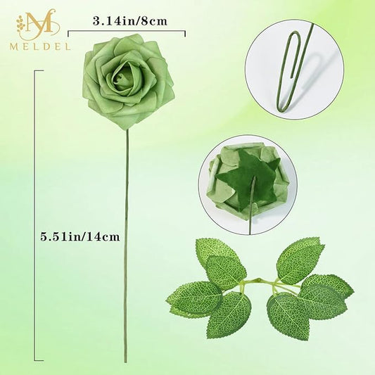 Meldel Artificial Flowers 25pcs Real Looking Elf Green Foam Fake Roses with Stems for DIY Wedding Bouquets Bridal Shower Centerpieces Floral Arrangements Home Decorations Bulk Crafts Rose