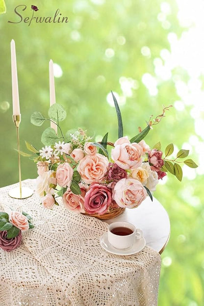 Serwalin 2 Pcs Artificial Flowers Pink Wedding Cake Flowers, Fake Dusty Roses Peonies for Bouquets Table Centerpieces Wedding Home Decor, Baby Shower Party Flowers with Stems DIY Combo