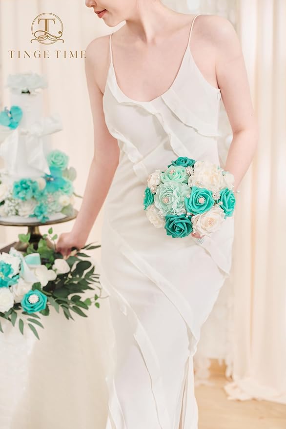 TINGE TIME 7 Inch Artificial Flowers Wedding Bouquets for Bridesmaid, Set of 4, Bride Tossing Bouquet for Rustic Wedding Ceremony Bridal Shower Vintage Party (Teal Green & Champagne)