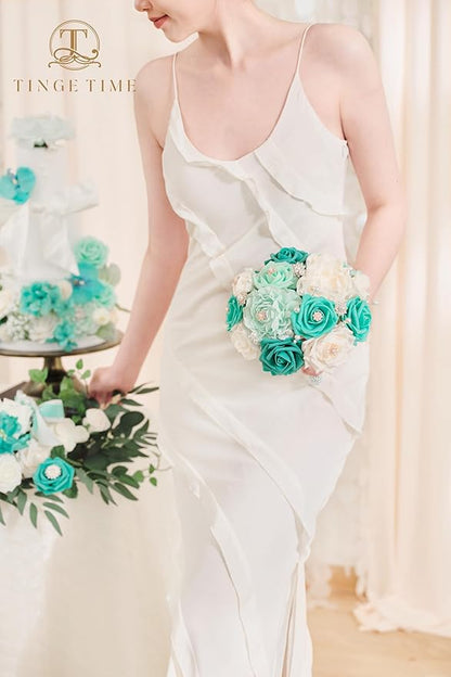 TINGE TIME 7 Inch Artificial Flowers Wedding Bouquets for Bridesmaid, Set of 4, Bride Tossing Bouquet for Rustic Wedding Ceremony Bridal Shower Vintage Party (Teal Green & Champagne)