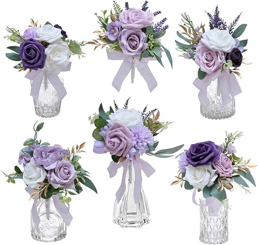 Marriwise Set of 6 Purple Assorted Wedding Flower Centerpieces Pre-Made Mini Bridesmaid Bouquets Artificial Floral Lavender Table Decor for Wedding Decorations Shower Home Decor (Purple)