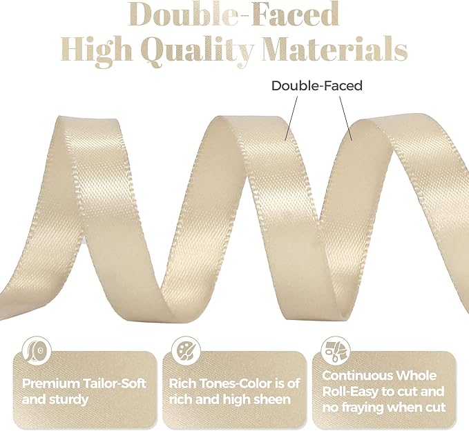Beige Satin Ribbon, Double Faced 3/8 Inch X 50 Yards Beige Ribbon, Premium Satin Ribbon for Gift Wrapping, Crafts, Hair Bow Making, Sewing, Flower Bouquet, Wedding Party Decor