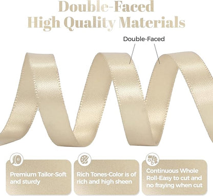 Beige Satin Ribbon, Double Faced 3/8 Inch X 50 Yards Beige Ribbon, Premium Satin Ribbon for Gift Wrapping, Crafts, Hair Bow Making, Sewing, Flower Bouquet, Wedding Party Decor