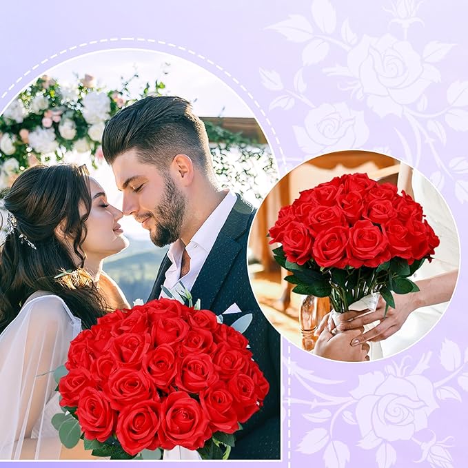 30pcs Fake Roses Artificial Silk Flowers Long Stems Bouquet for Wedding Bridal Shower Party Home Decoration (Red)