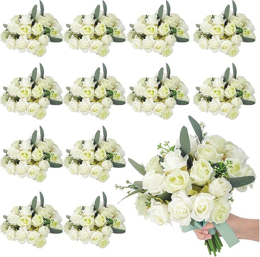 Zeyune 12 Pack Wedding Bridesmaids Bouquets 7 Inch Artificial Rose Bouquets Silk Flowers with Stems Fake Floral Bundles Bulk for Wedding Bridal Shower Party Centerpieces Home Decor(White Green)
