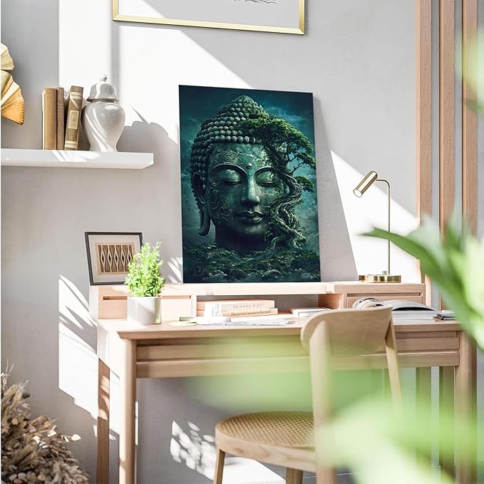 Buddha statue wall art canvas wall decor aesthetic picture mystical nature art for tranquil home and spiritual space 24x36in Wood Framed