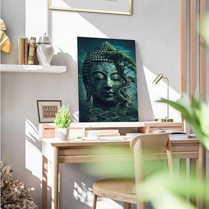 Buddha statue wall art canvas wall decor aesthetic picture mystical nature art for tranquil home and spiritual space 16x24in Wood Framed