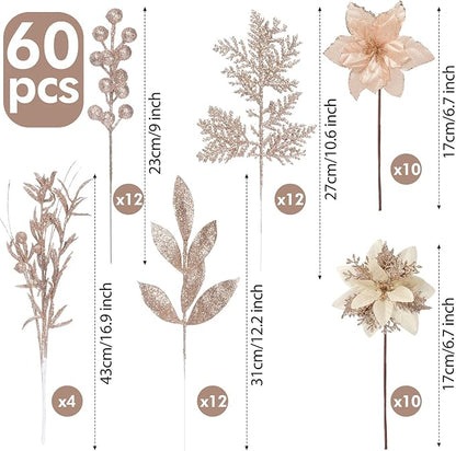 60 Pcs Christmas Glitter Branches 6 Styles Artificial Christmas Picks Berries Stems Poinsettia Flowers Pine Needles Floral Twig Spray for Xmas Tree Ornaments DIY Wreath Garland(Champagne)