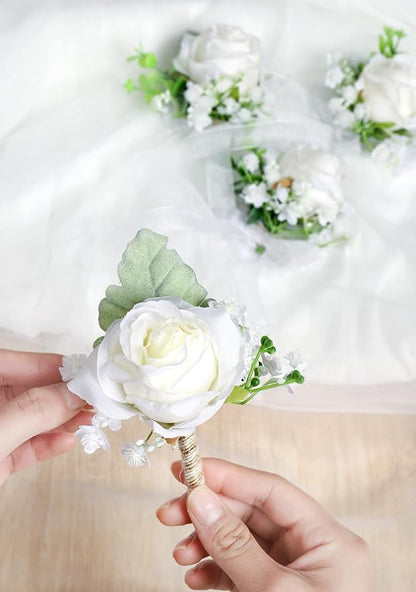 Ivory Rose Wrist Corsage and Men Boutonniere Set, Prom Flower Wrist Corsage Bracelets, Homecoming Corsage Wristlet for Wedding Accessories Prom Suit Decorations