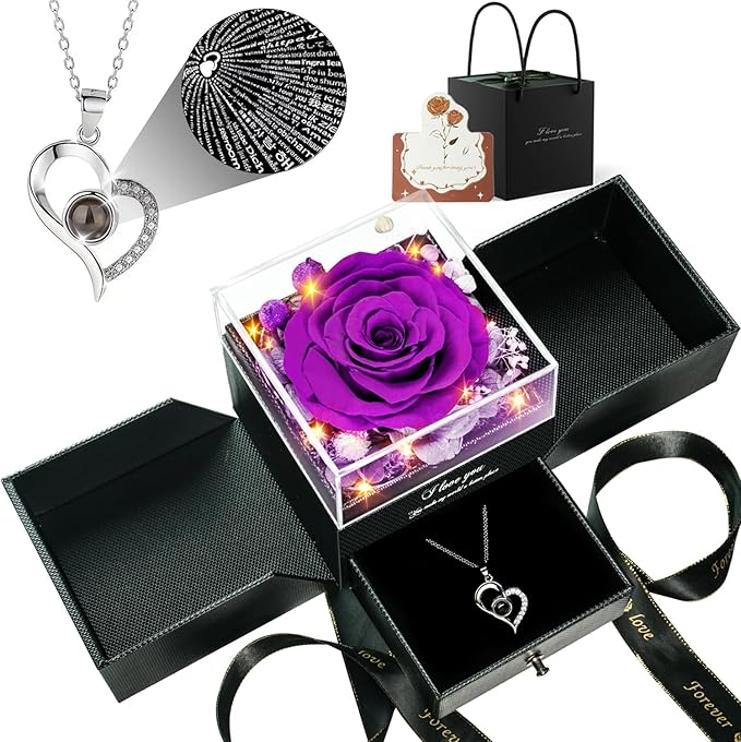 Birthday Gifts for Women, Preserved Real Roses with Heart Necklace I Love You in 100 Languages, Romantic Anniversary Wedding Gifts for Women Her Girlfriend Wife, Forever Roses Necklace Gift Box Purple