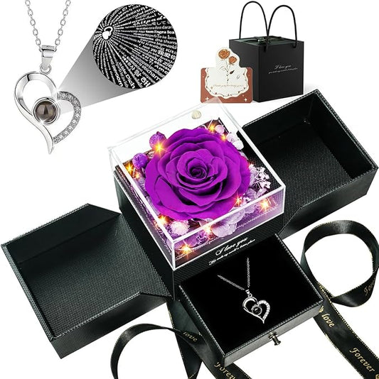 Birthday Gifts for Women, Preserved Real Roses with Heart Necklace I Love You in 100 Languages, Romantic Anniversary Wedding Gifts for Women Her Girlfriend Wife, Forever Roses Necklace Gift Box Purple