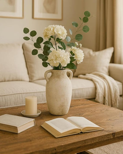 Ceramic Flower Vase Home Decor – 9.8 Inch Pottery Rustic Farmhouse Decorative Vase with Handles for Table Centerpiece, Shelf & Mantel, Beige