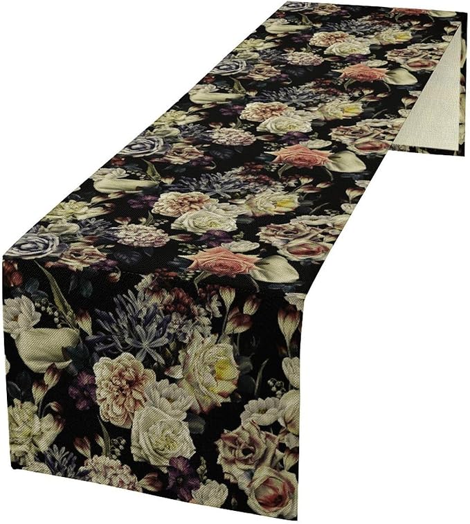 Vintage Flowers Table Runner,Black Rose Peony Gothic Floral Spring Summer Seasonal Table Runner for Home Kitchen Table Dining Indoor Outdoor Party Decor 13x60 Inch