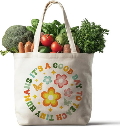 ANATTASOUL Canvas Tote Bag Boho Letter Reusable Cotton Bag for Women, Durable Cloth Shoulder Bags with Zipper Pockets for Shopping, Vacation, Work, Gym