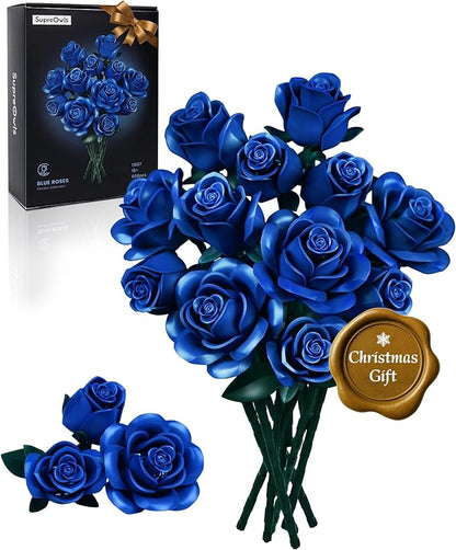 iATOM Blue Rose Bouquet Building Set, Gift for Christmas, Artificial Flowers Botanical Collection for Adults - Gothic Home Office Table Centerpiece Retro Decor - IA11007