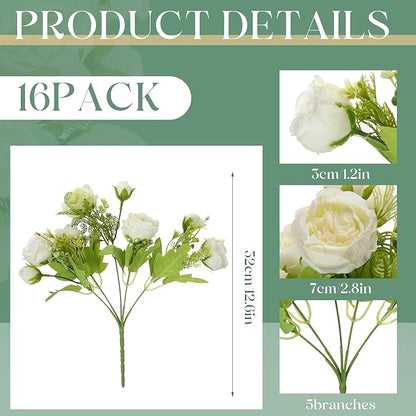 Sumind 16 Bundles Peonies Artificial Flowers Bulk Wedding Silk Faux Flowers with Stems Faux Peony Wedding Bouquets for Bride Florals Arrangements Decor for Table Centerpiece Vase Decoration(White)