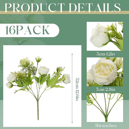 Sumind 16 Bundles Peonies Artificial Flowers Bulk Wedding Silk Faux Flowers with Stems Faux Peony Wedding Bouquets for Bride Florals Arrangements Decor for Table Centerpiece Vase Decoration(White)