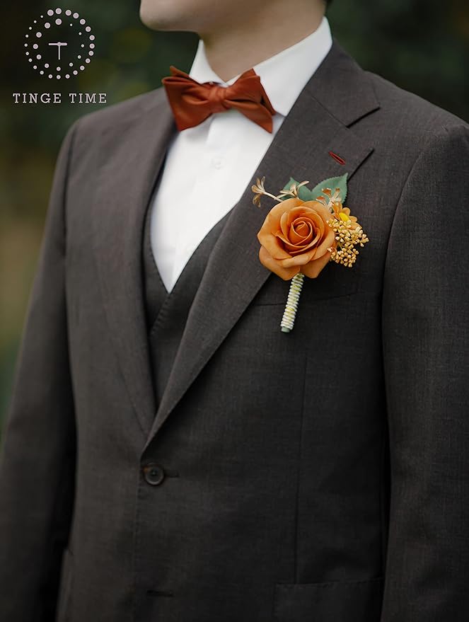 TINGE TIME Boutonniere for Men Wedding,Groom and Best Man Boutonniere for Wedding Ceremony Anniversary, Formal Dinner Party and Rustic Spring Wedding Marriage (10, Miami Burnt Orange)