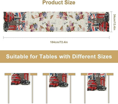 British Table Runner, Seasonal Vintage Floral England London Culture Element Coffee Table Center Decor for Home Kitchen Dining Patio Holiday Party Table Decorations 13x72 inches