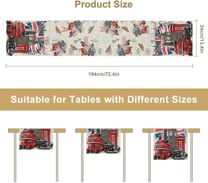 British Table Runner, Seasonal Vintage Floral England London Culture Element Coffee Table Center Decor for Home Kitchen Dining Patio Holiday Party Table Decorations 13x108 inches