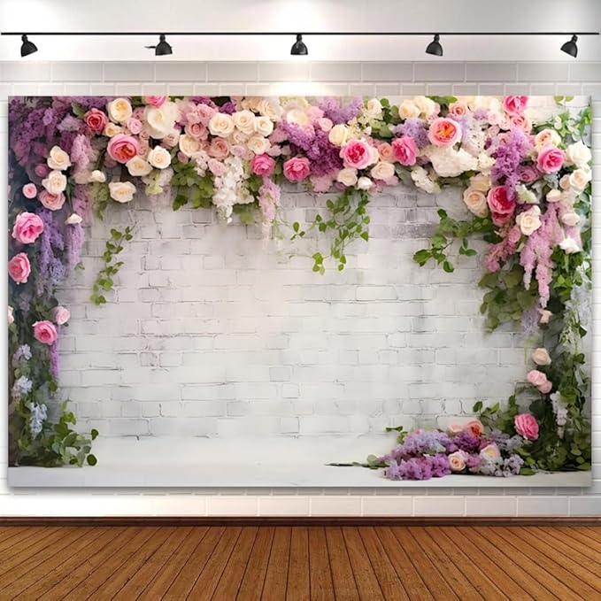 8x6ft Retro White Brick Wall Floral Backdrop Romantic Roses Vine Leaves Photography Background Girls Birthday Party Wedding Bridal Shower Flowers Brick Wall Decoration Supplies Photo Booth Props