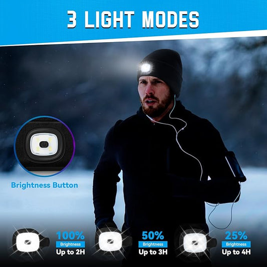 Christmas Stocking Stuffers for Men Adults, Beanie Hats with Light, USB Rechargeable LED Hand Free Headlamp, Birthday Gifts for Men, Women, and Teens, Ideal for Camping, Hiking, 2 Pack, Black