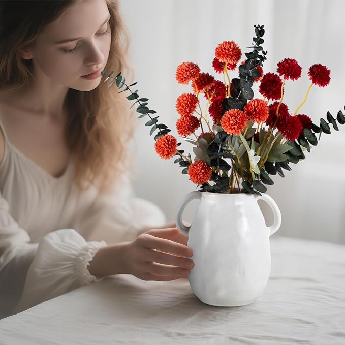 6 Artificial Silk Flowers + 3 Eucalyptus, Artificial Chrysanthemums with Stems for Home Decor,Bumnt Orange and Red Mix