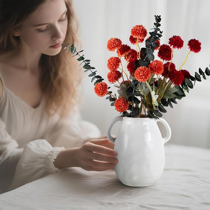 6 Artificial Silk Flowers + 3 Eucalyptus, Artificial Chrysanthemums with Stems for Home Decor,Bumnt Orange and Red Mix