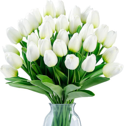 Sggvecsy 30 Pcs Fake Tulips Artificial Flowers Real Touch PU Faux Flowers Tulip Stems for Wedding Spring Bouquet Floral Arrangement Home Party Office Decorations for Mother's Day (Green White)