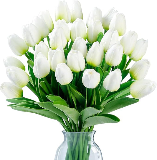Sggvecsy 30 Pcs Fake Tulips Artificial Flowers Real Touch PU Faux Flowers Tulip Stems for Wedding Spring Bouquet Floral Arrangement Home Party Office Decorations for Mother's Day (Green White)
