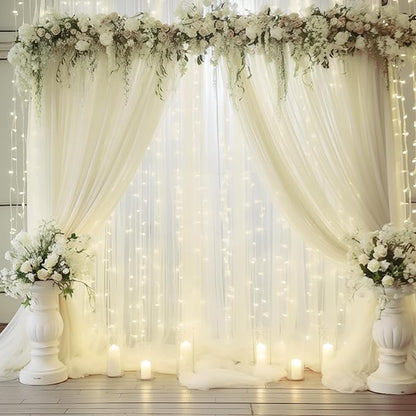 30×10ft Cream White Tulle Backdrop Curtain with Lights String for Parites, Sheer Photo Backdrop Curtains for Wedding Party Photography Background