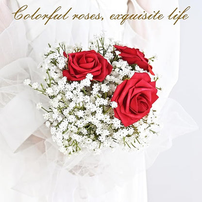 BLEUM CADE 16Pcs Artificial Flowers Fake Roses with Stems, Red Boxed Foam Roses for DIY Bouquets Centerpieces Wedding Party Arrangement Bridal Shower Decor