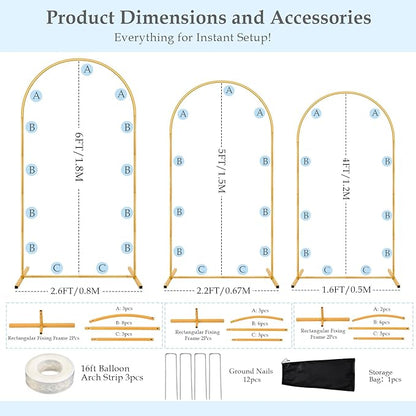 Wedding Arch Backdrop Stand, 6FT, 5FT, 4FT Set of 3 Metal Gold Balloon Arch kit Stand for Ceremony Baby Shower Birthday Bridal Party Event Background Decoration, Garden Climbing Plant Fram
