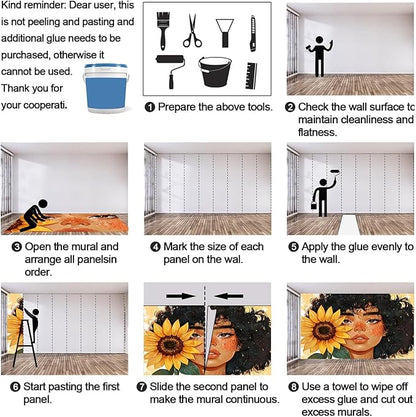 KIREUPA Sunflower Woman Art Wall Mural, Curly Hair Girl with Sunflower 3d Wall Murals, Modern Portrait and Flower Wallpaper Mural, for Living Room Bedroom Large Wallpaper Indoor Decor 98.4" W x68.9 H