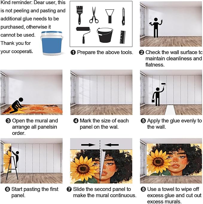 KIREUPA Sunflower Woman Art Wall Mural, Curly Hair Girl with Sunflower 3d Wall Murals, Modern Portrait and Flower Wallpaper Mural, for Living Room Bedroom Large Wallpaper Indoor Decor 197" W x124.8 H
