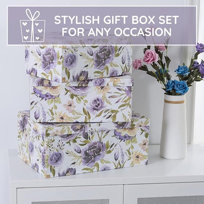 Soul & Lane Decorative Cardboard Storage Boxes with Lids for Home Decor and Organization, Set of 3 Large Keepsake Boxes for Memories & Gifts, Nesting Floral Photo Storage Containers, Purple Passion