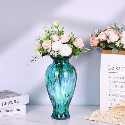Hand Blown Glass Vase 11.8" Tall Beautiful Turquoise Sea Wide Mouth Bud Vase for Table Centerpiece, Painted Colorful Murano Glass Flower Vases for - Home Entrance Wedding Center