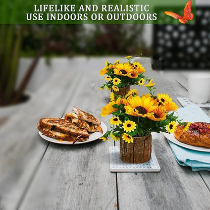 Artificial Flowers Fake Silk Sunflower Flower in Planters Flower Vase Small Rustic Potted Flower Arrangements Artificial for Home Outdoors Tabletop Decor Set of 2 (Yellow)