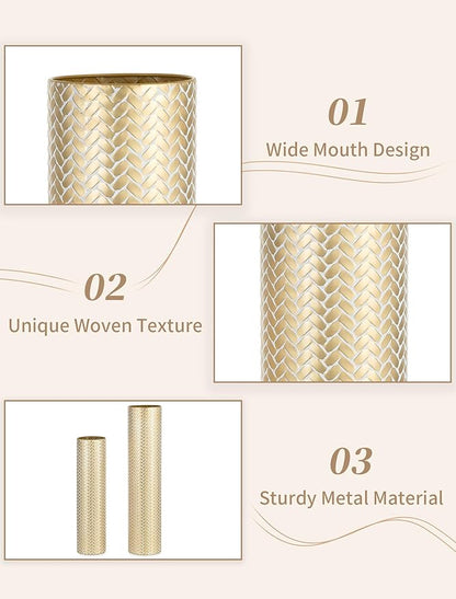 Sziqiqi Tall Gold Floor Vase: Set of 2 Woven Texture Metal Cylinder Vases Extra Large Decorative Standing Vase - 27.6/21.7in Vintage Vases Home Decor for Living Room Bedroom Home Corner Indoor Office