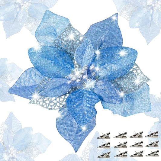 24 Pcs Christmas Poinsettia Flowers Artificial with Clips, 5.9" Christmas Decor Glitter Poinsettia Flowers for Christmas Tree New Year Wedding Party Wreath DIY Garland Decor (Blue)