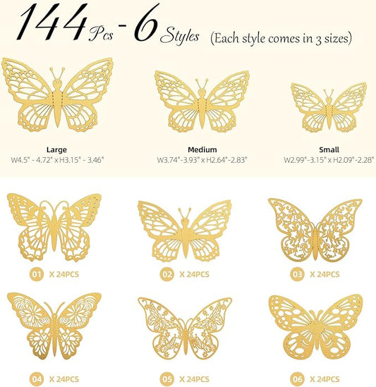 144 Pcs Gold Butterfly Wall Decor, 3D Butterfly Stickers 6 Styles and 3 Sizes, Removable Mural Stickers Metallic Butterflies Decorations for Walls