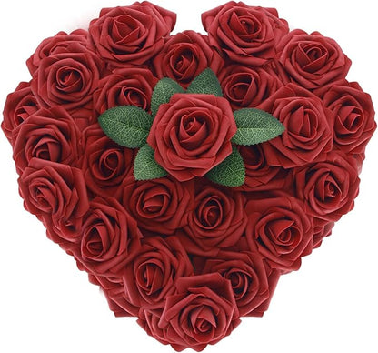 [25PCS] Deep Red Roses Artificial Flowers with Long Stem Real Touch Fake Foam Roses for Decoration DIY Wedding Bouquets Centerpieces Bridal Shower Flower Arrangements Home Decor