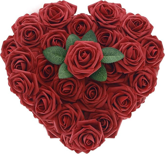 [25PCS] Deep Red Roses Artificial Flowers with Long Stem Real Touch Fake Foam Roses for Decoration DIY Wedding Bouquets Centerpieces Bridal Shower Flower Arrangements Home Decor