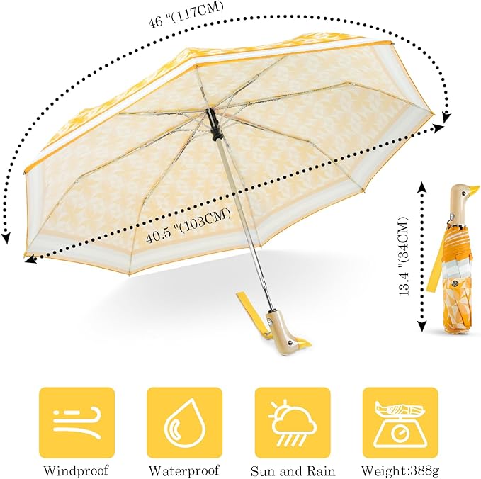Cute Duck Umbrella Automatic - Compact Pretty Pocket Size Strong Duck Collapsible Umbrella Yellow Wooden Handle for Women