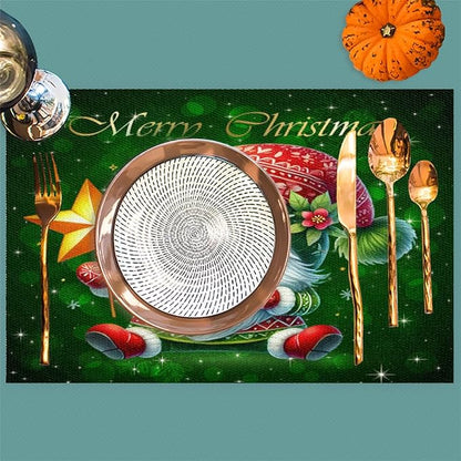 Xmas Christmas Green Santa Claus Placemats Set of 6 PVC Vinyl Non Slip Table Mats Heat Resistant Place Mats Washable Wipeable Dining Table Mat for Kitchen Decor Party Indoor Outdoor Decorative Gift