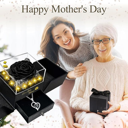 Preserved Real Rose-Eternal Flowers Rose Mothers Day for Mom Women Her Wife Girlfriend on Birthday Valentines with I Love You Necklace 100 Languages Romantic Gift (Black)