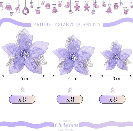 Boao 24 Pieces Christmas Artificial Glitter Poinsettia Flowers Xmas Flowers Wedding Christmas Tree New Year Ornaments(Light Purple)