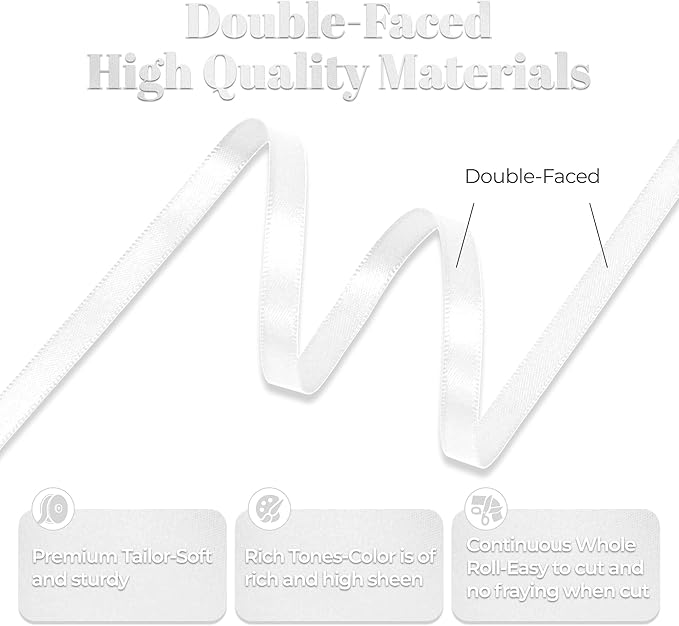 White Satin Ribbon, Double Faced 1/4 Inch X 25 Yards White Ribbon, Premium Satin Ribbons for Gift Wrapping, Crafts, Hair Bow Making, Sewing, Flower Bouquet, Wedding Party Decor