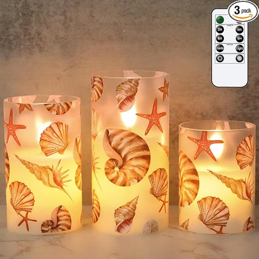 DRomance Seashell Battery Operated Flameless Flickering Candles with Remote Timer 3D Wick Flickering Glass LED Pillar Candles Dinner Christmas Holiday Decor D3 x H4, 5", 6"